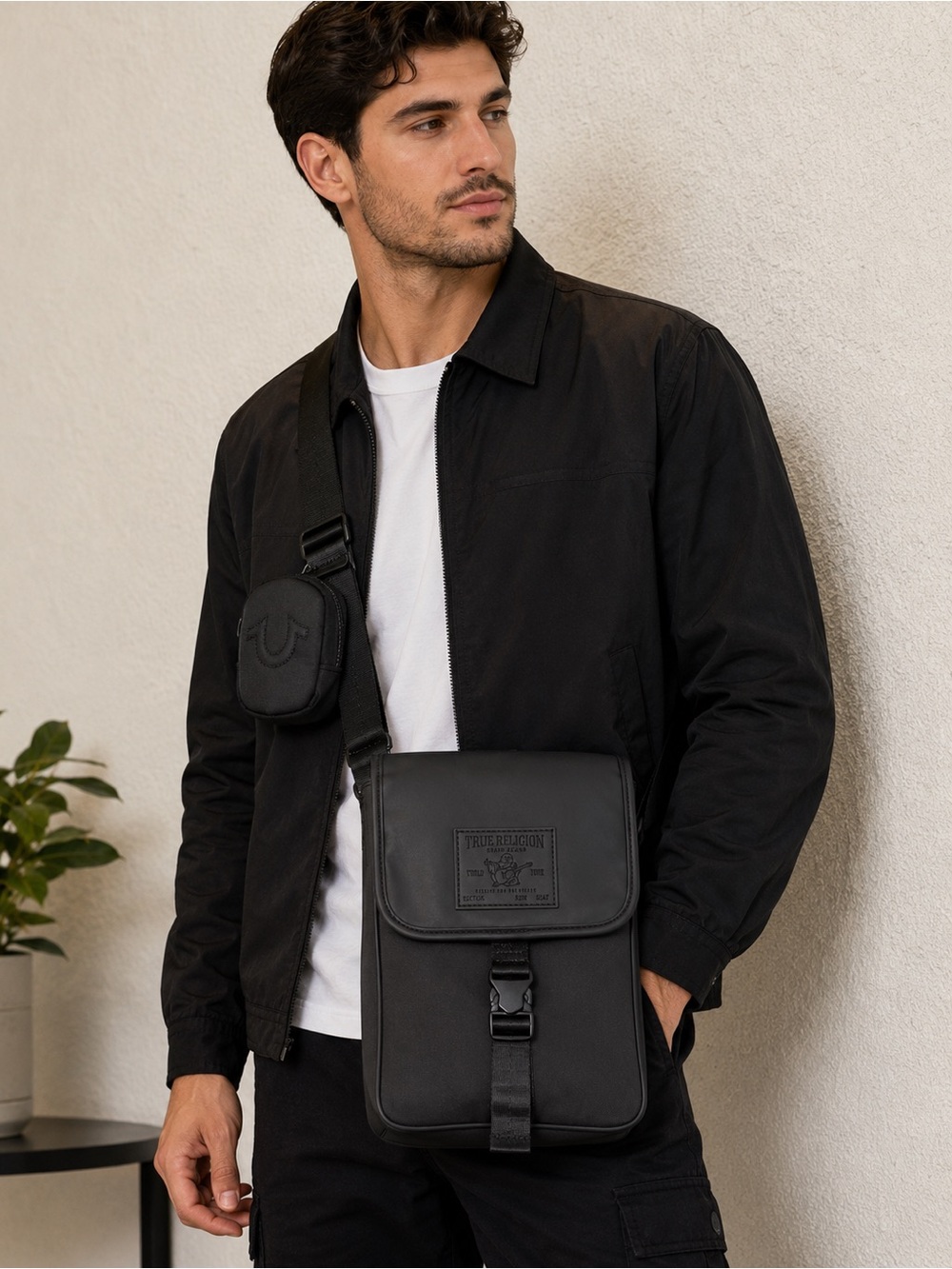 True Religion Black Leather Messenger Crossbody Bag for Men
